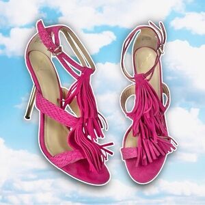 BRIAN ATWOOD Suede Fringe Luciana Heels Fuchsia Pink Reptile Boho Western Sexy